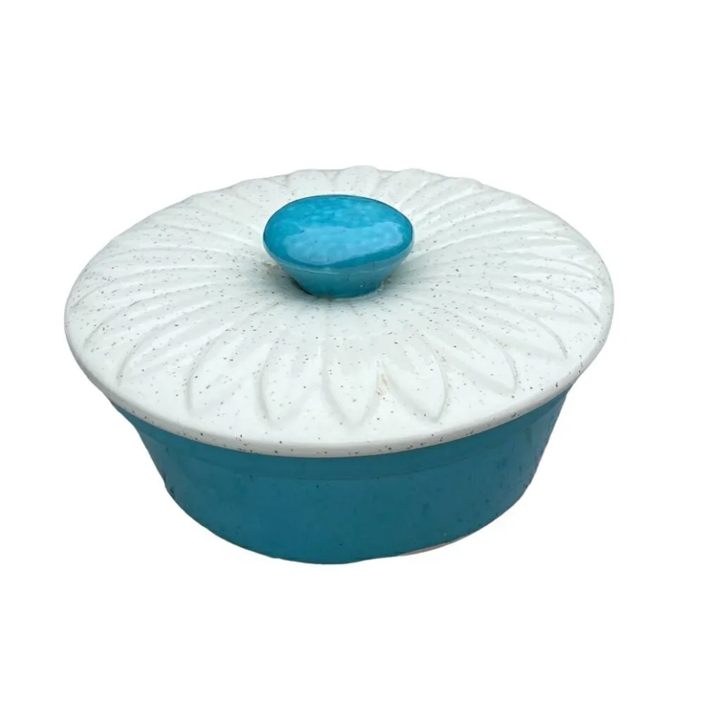 MCM Retro Speckled Turquoise Aqua Seafoam and White Daisy Covered Bowl with Lid